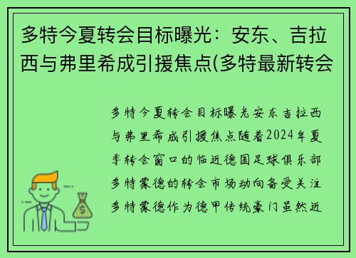 多特今夏转会目标曝光：安东、吉拉西与弗里希成引援焦点(多特最新转会)
